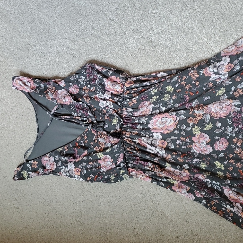 LOFT Gray Floral Midi Dress with Pink Roses - Picture 3 of 5